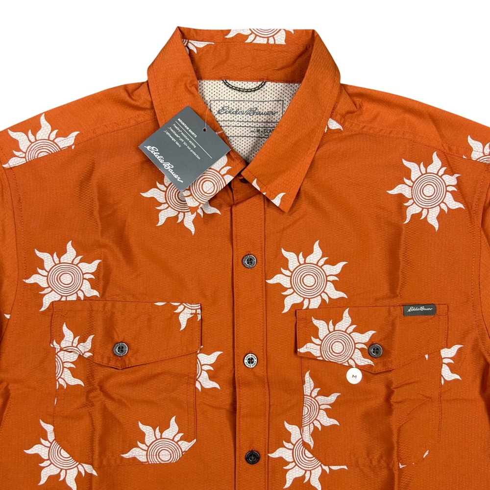 Eddie Bauer Mountain Shirt Men M Orange Ripstop Sun Print Short Sleeve Button Up